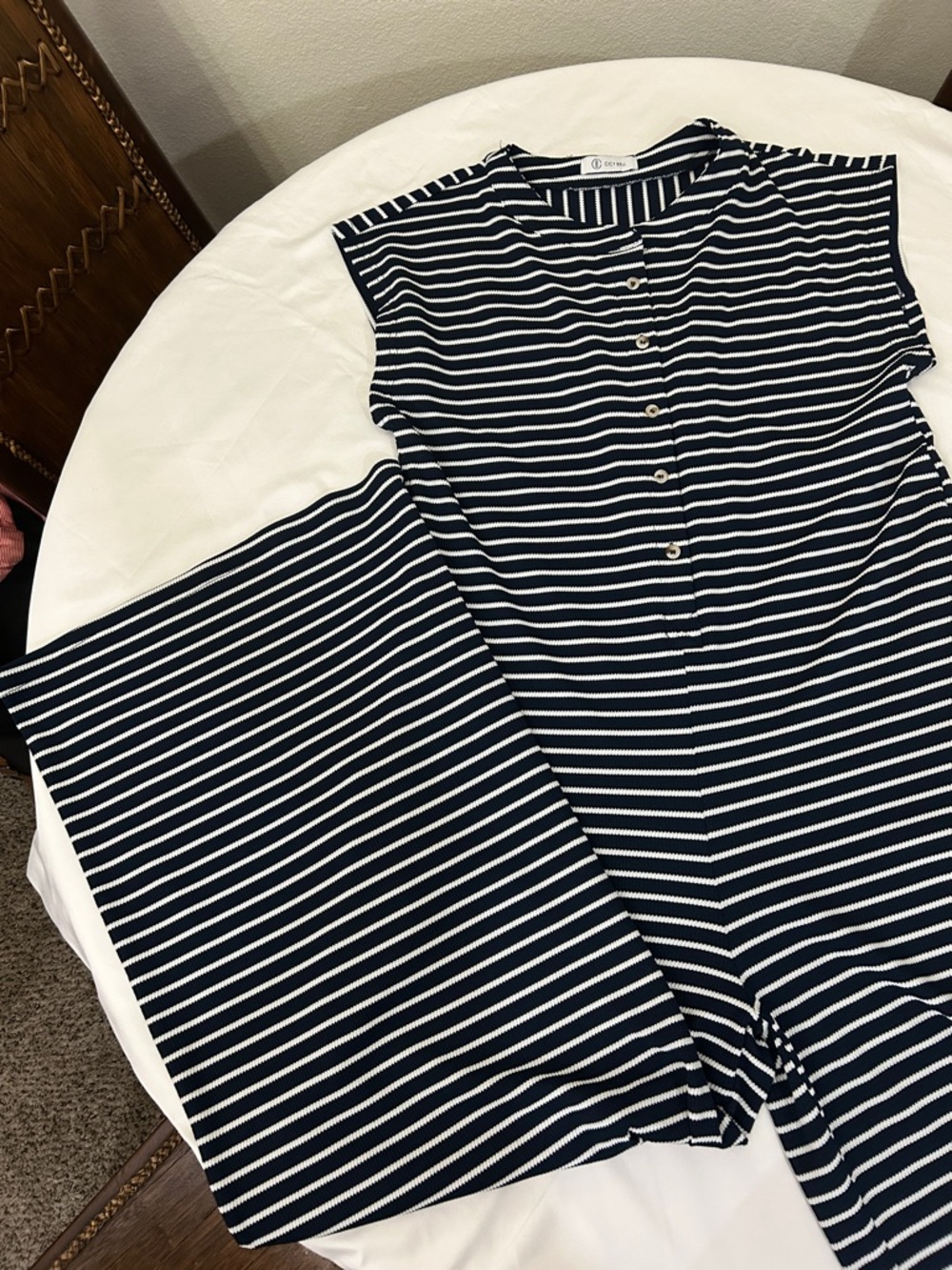 Cicy Bell Navy and White Striped Buttoned Front Flared Leg Versatile Romper. - Picture 6 of 7